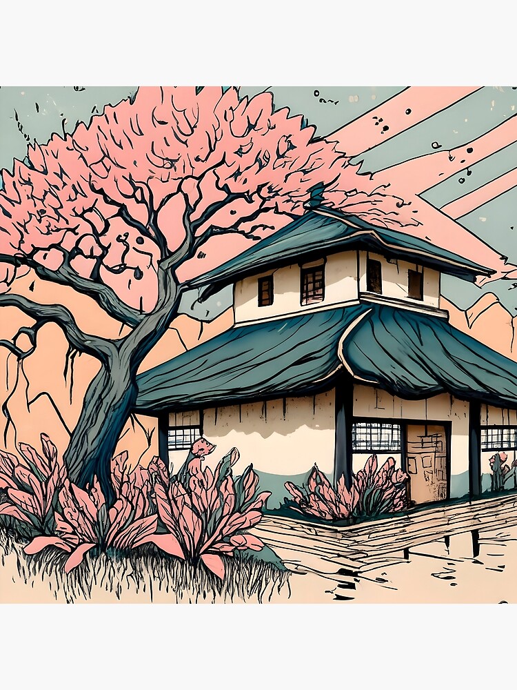 Thumbnail 4 of 4, Pillow, Old abandoned Traditional Japanese house Minka Drawing designed and sold by Patricks-Art.