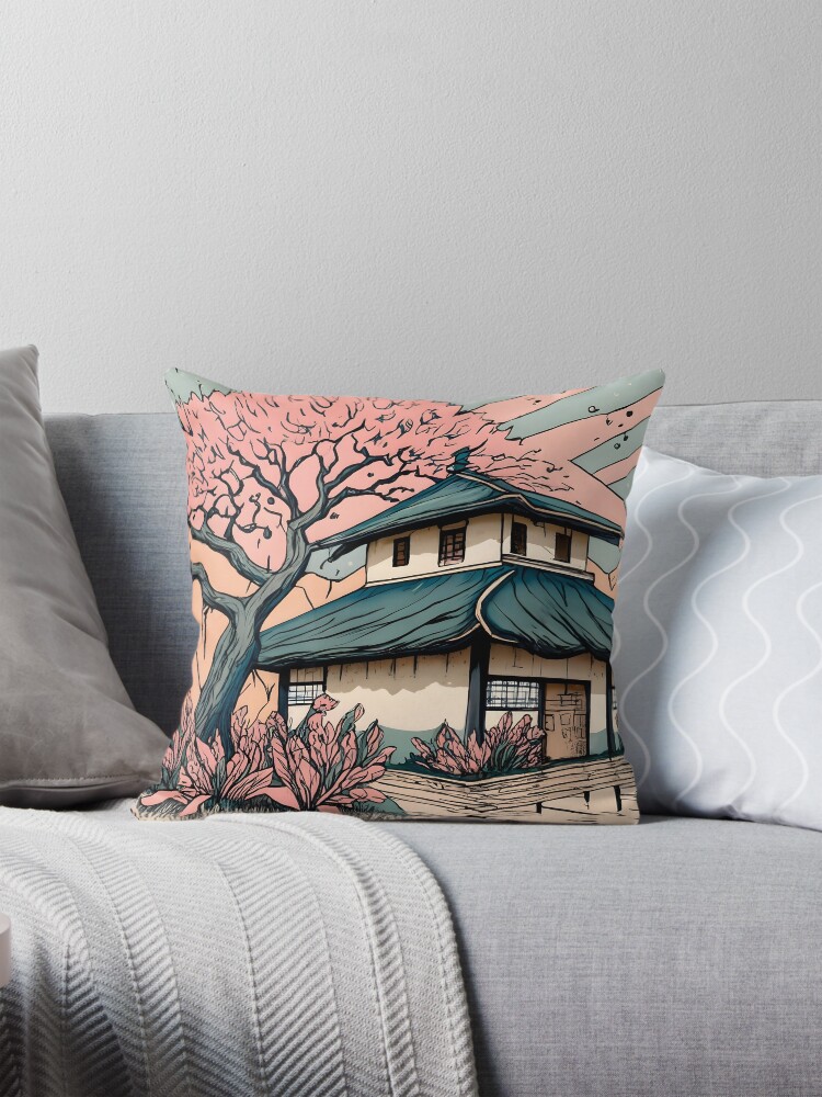 Thumbnail 1 of 4, Pillow, Old abandoned Traditional Japanese house Minka Drawing designed and sold by Patricks-Art.