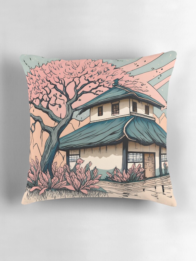 Thumbnail 3 of 4, Pillow, Old abandoned Traditional Japanese house Minka Drawing designed and sold by Patricks-Art.