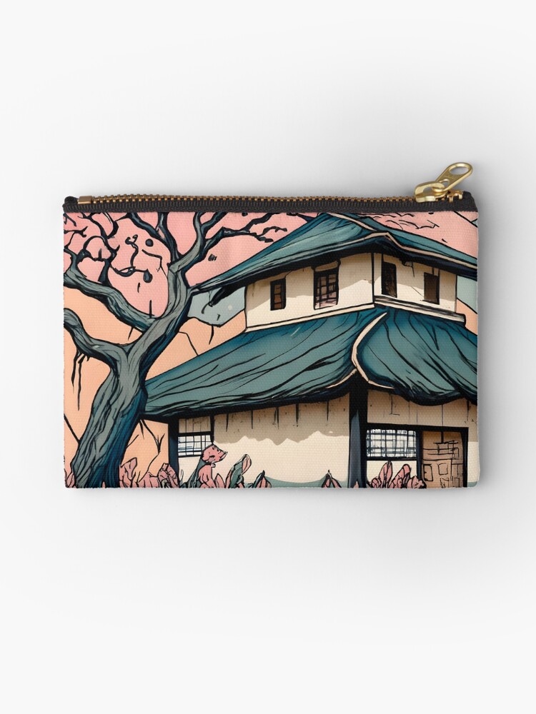 Thumbnail 1 of 4, Zipper Pouch, Old abandoned Traditional Japanese house Minka Drawing designed and sold by Patricks-Art.