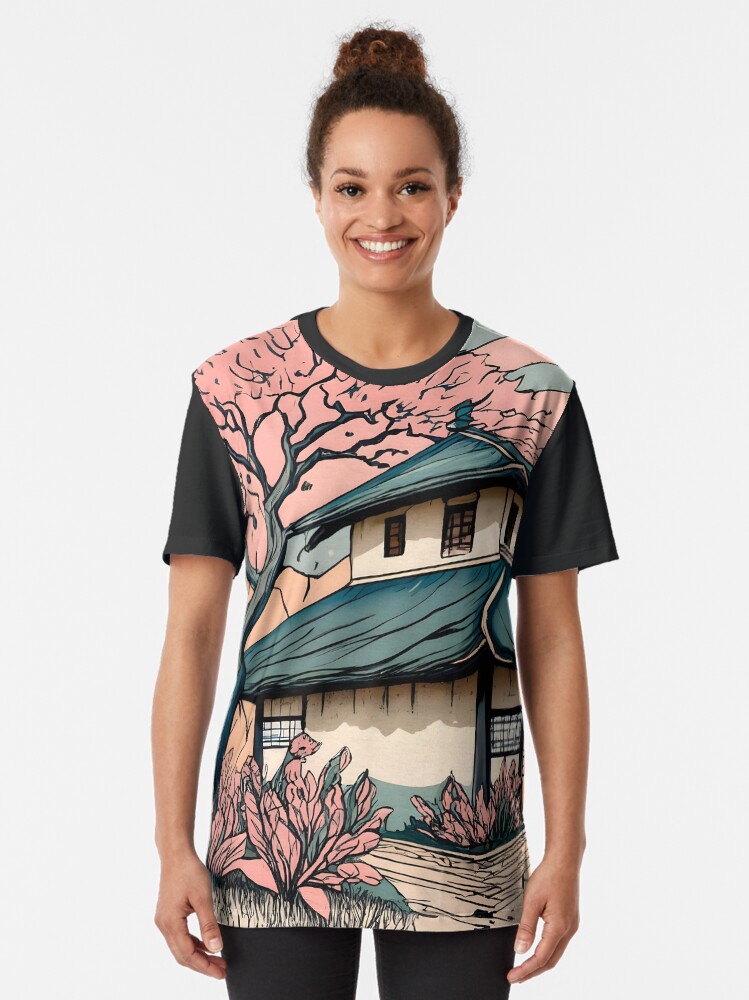 Thumbnail 2 of 5, Graphic T-Shirt, Old abandoned Traditional Japanese house Minka Drawing designed and sold by Patricks-Art.