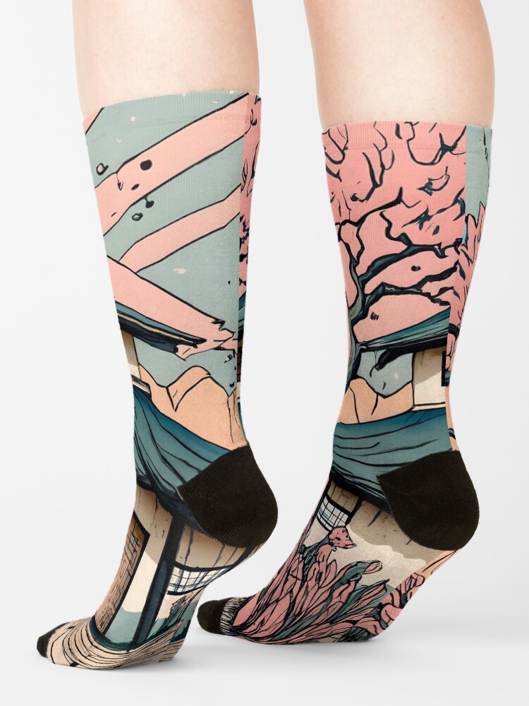 Thumbnail 4 of 5, Socks, Old abandoned Traditional Japanese house Minka Drawing designed and sold by Patricks-Art.