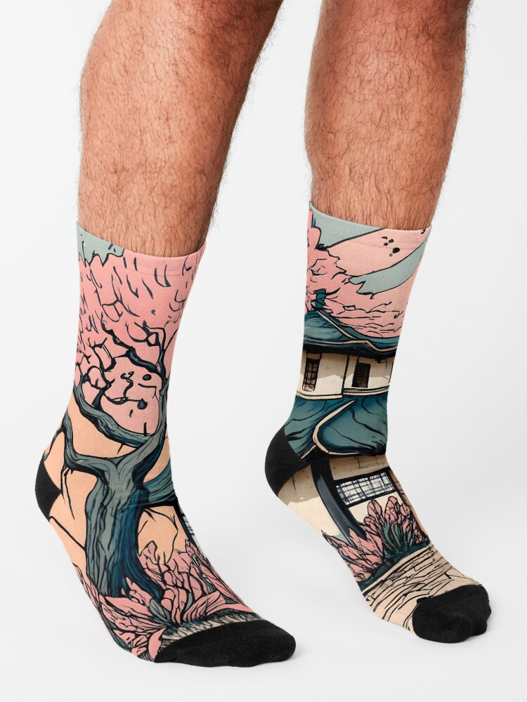 Thumbnail 3 of 5, Socks, Old abandoned Traditional Japanese house Minka Drawing designed and sold by Patricks-Art.