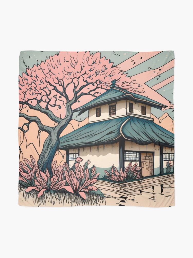 Thumbnail 2 of 3, Scarf, Old abandoned Traditional Japanese house Minka Drawing designed and sold by Patricks-Art.