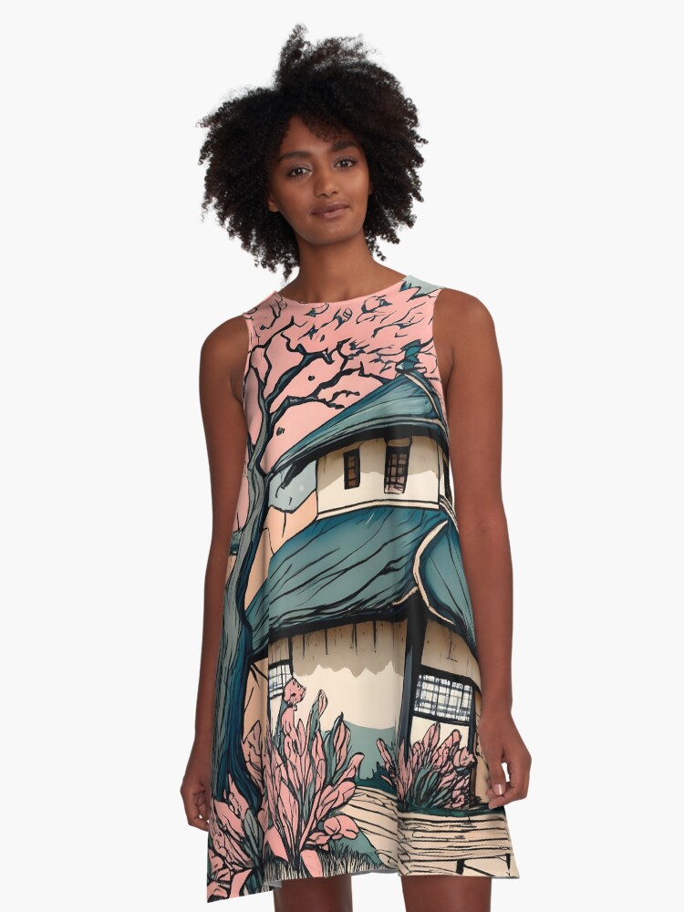 Thumbnail 1 of 4, A-Line Dress, Old abandoned Traditional Japanese house Minka Drawing designed and sold by Patricks-Art.