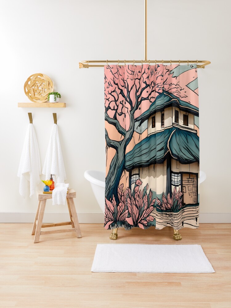 Thumbnail 1 of 5, Shower Curtain, Old abandoned Traditional Japanese house Minka Drawing designed and sold by Patricks-Art.