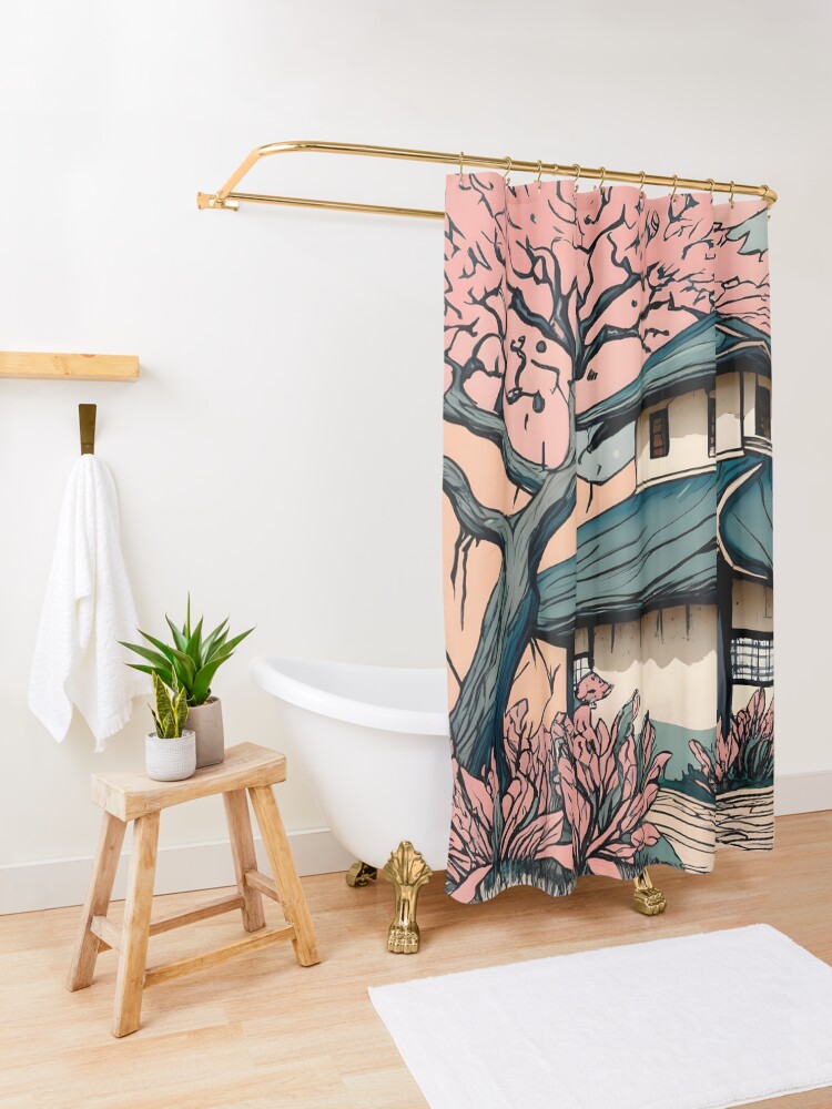 Thumbnail 3 of 5, Shower Curtain, Old abandoned Traditional Japanese house Minka Drawing designed and sold by Patricks-Art.