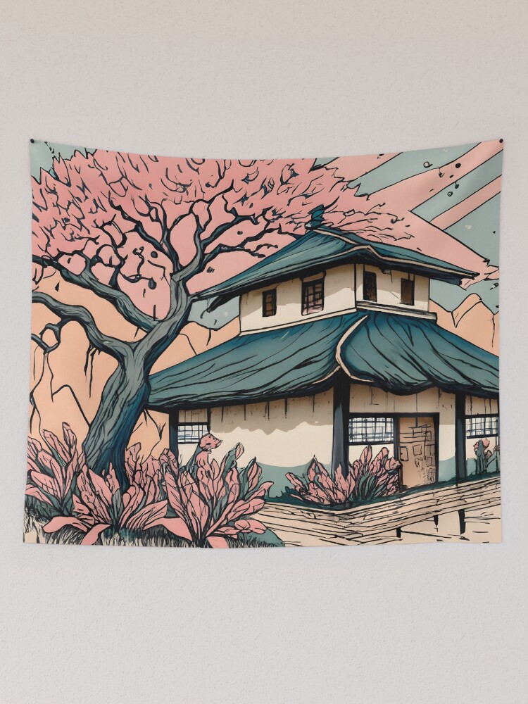 Thumbnail 2 of 3, Tapestry, Old abandoned Traditional Japanese house Minka Drawing designed and sold by Patricks-Art.