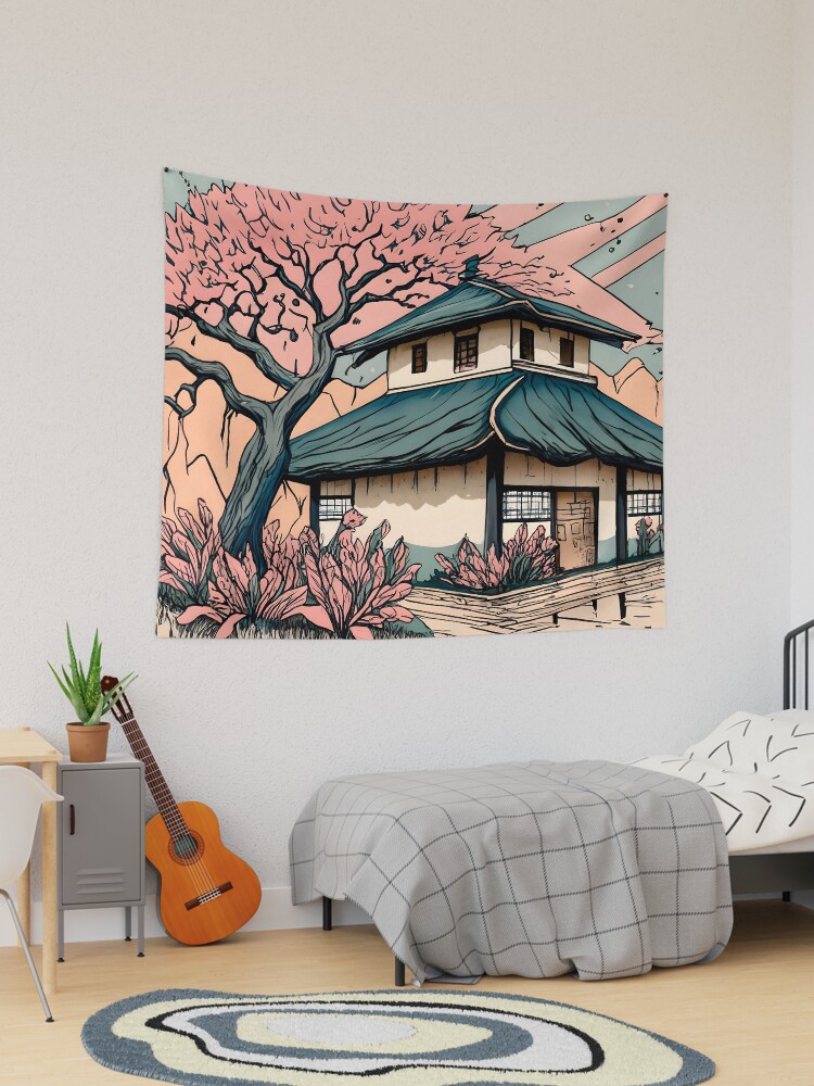 Thumbnail 1 of 3, Tapestry, Old abandoned Traditional Japanese house Minka Drawing designed and sold by Patricks-Art.