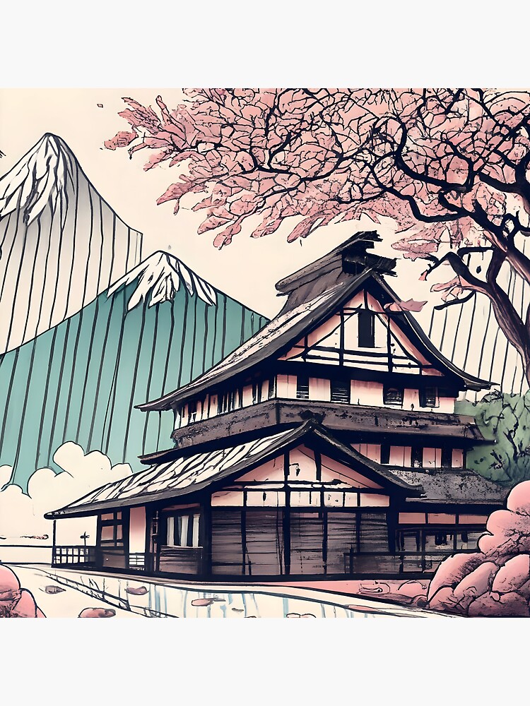 Thumbnail 3 of 3, Pin, Old abandoned Traditional Japanese house Minka Drawing designed and sold by Patricks-Art.