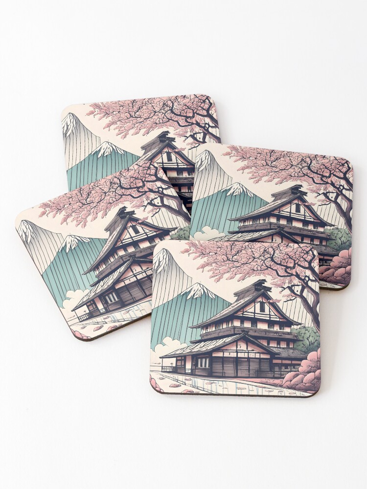 Thumbnail 1 of 5, Coasters (Set of 4), Old abandoned Traditional Japanese house Minka Drawing designed and sold by Patricks-Art.