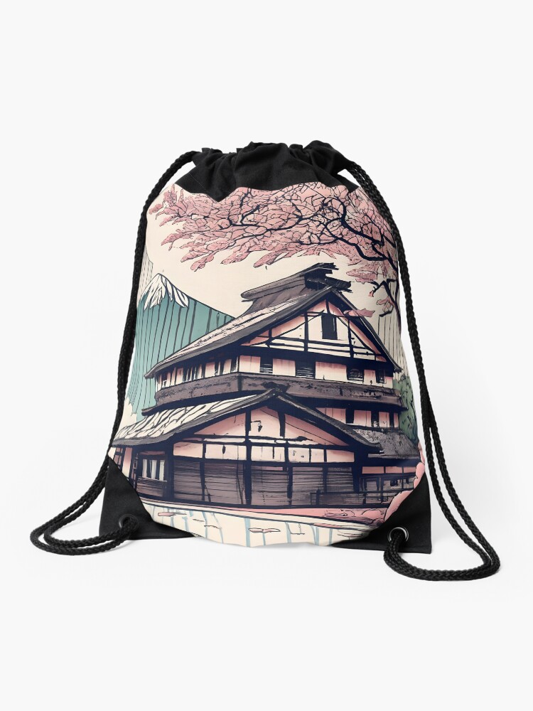 Thumbnail 1 of 3, Drawstring Bag, Old abandoned Traditional Japanese house Minka Drawing designed and sold by Patricks-Art.