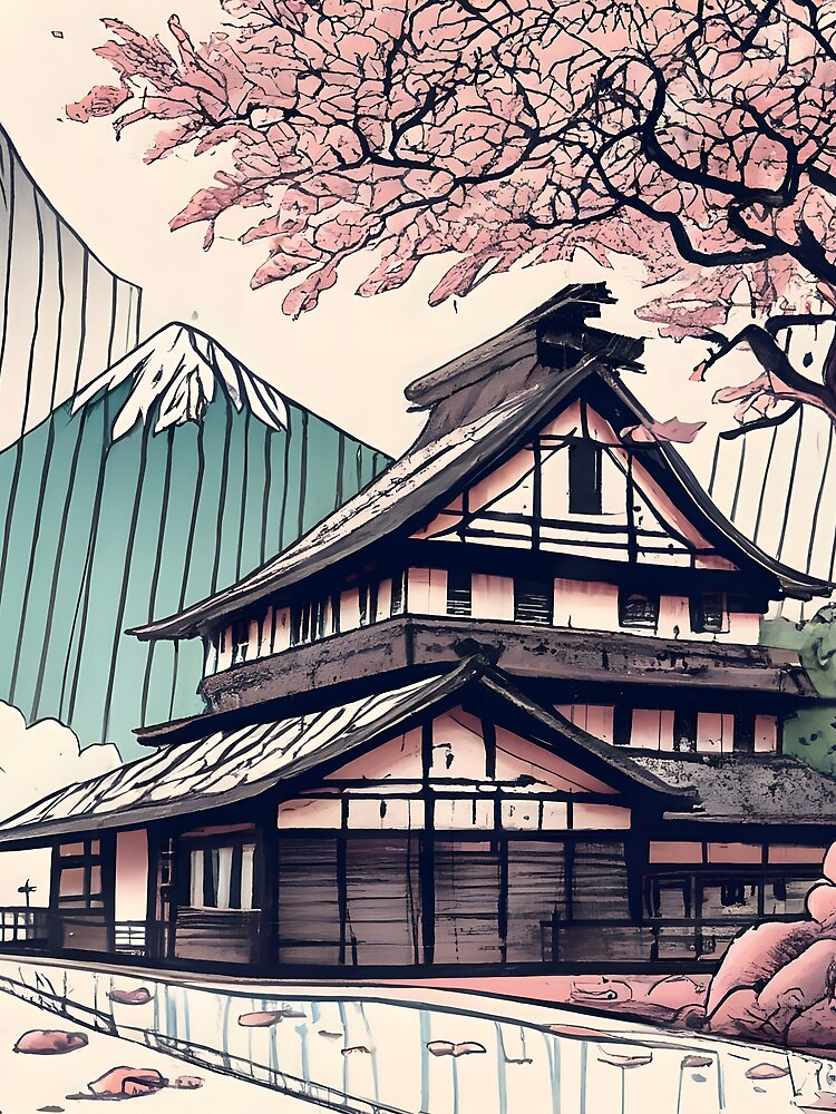 Thumbnail 3 of 3, Drawstring Bag, Old abandoned Traditional Japanese house Minka Drawing designed and sold by Patricks-Art.