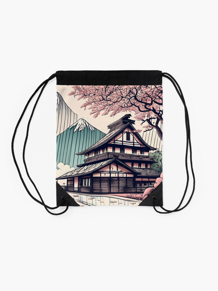Thumbnail 2 of 3, Drawstring Bag, Old abandoned Traditional Japanese house Minka Drawing designed and sold by Patricks-Art.