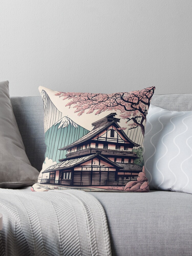 Thumbnail 1 of 4, Pillow, Old abandoned Traditional Japanese house Minka Drawing designed and sold by Patricks-Art.