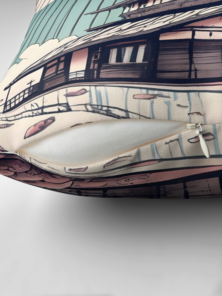 Thumbnail 2 of 4, Pillow, Old abandoned Traditional Japanese house Minka Drawing designed and sold by Patricks-Art.