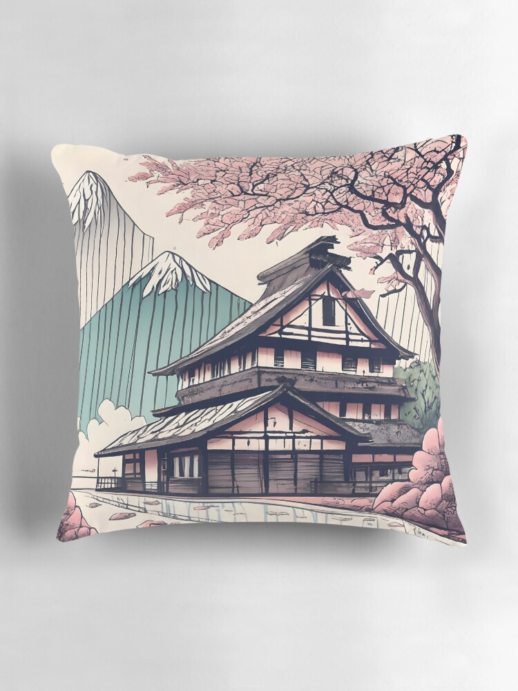 Thumbnail 3 of 4, Pillow, Old abandoned Traditional Japanese house Minka Drawing designed and sold by Patricks-Art.