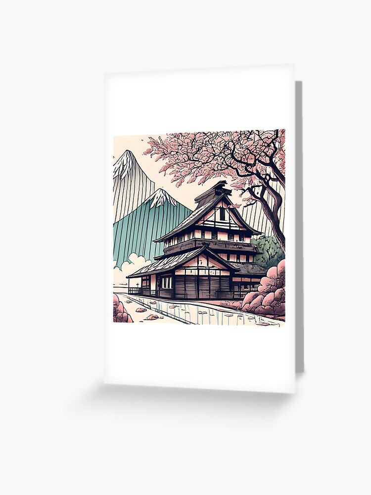 Thumbnail 1 of 2, Greeting Card, Old abandoned Traditional Japanese house Minka Drawing designed and sold by Patricks-Art.