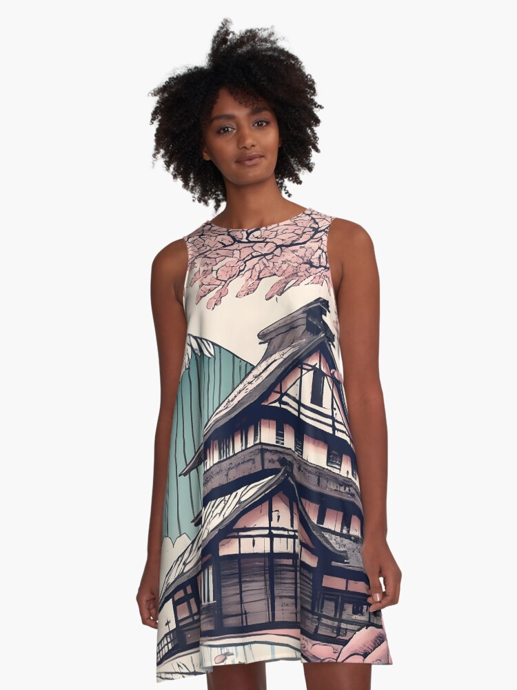Thumbnail 1 of 4, A-Line Dress, Old abandoned Traditional Japanese house Minka Drawing designed and sold by Patricks-Art.