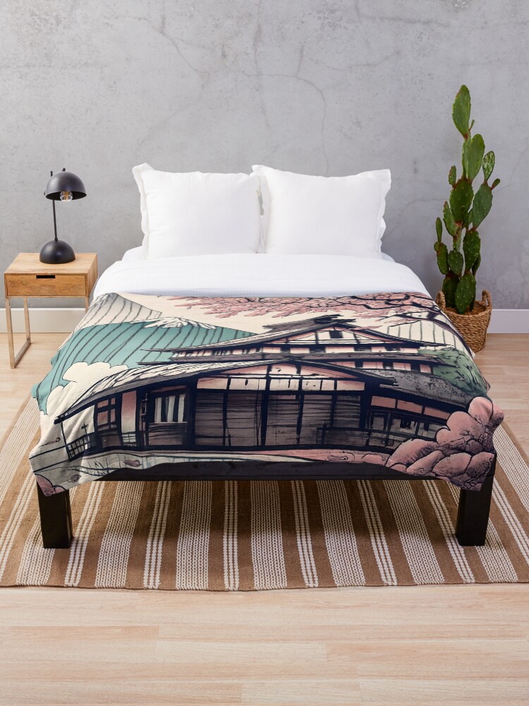 Thumbnail 1 of 6, Throw Blanket, Old abandoned Traditional Japanese house Minka Drawing designed and sold by Patricks-Art.
