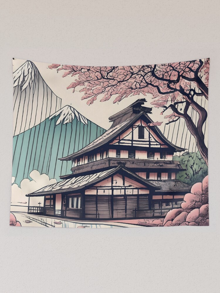 Thumbnail 2 of 3, Tapestry, Old abandoned Traditional Japanese house Minka Drawing designed and sold by Patricks-Art.