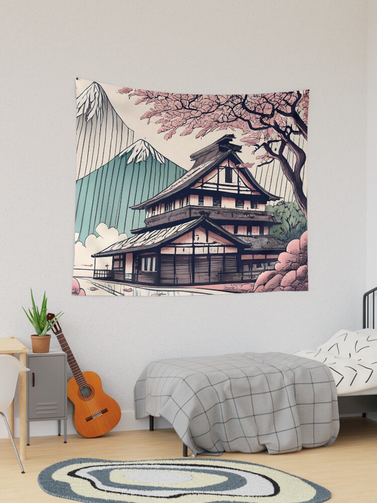 Thumbnail 1 of 3, Tapestry, Old abandoned Traditional Japanese house Minka Drawing designed and sold by Patricks-Art.