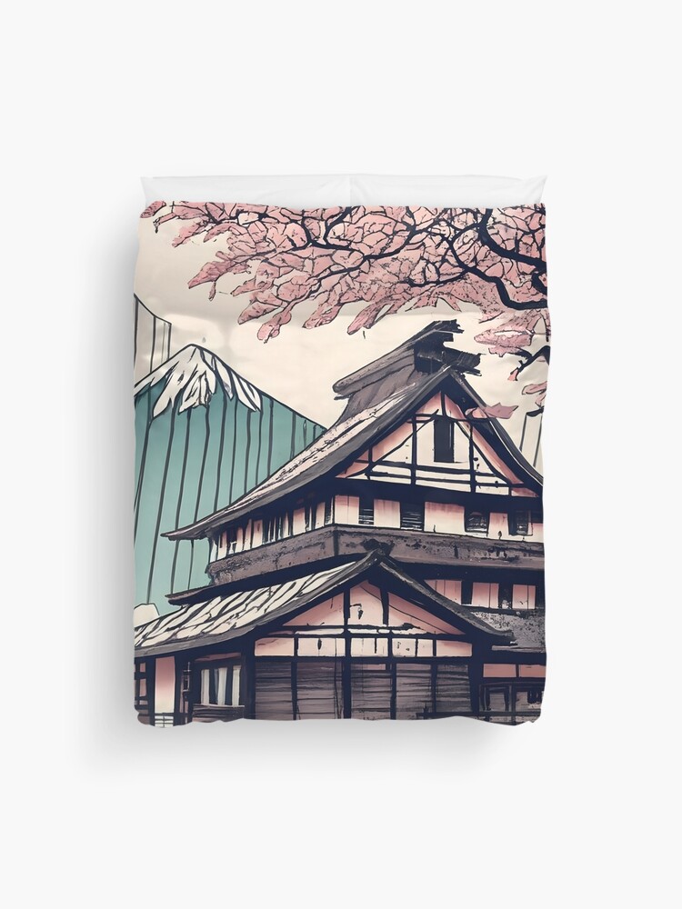 Thumbnail 1 of 2, Duvet Cover, Old abandoned Traditional Japanese house Minka Drawing designed and sold by Patricks-Art.