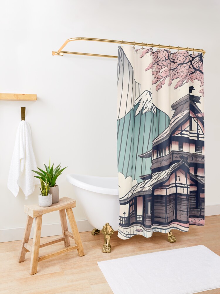 Thumbnail 3 of 5, Shower Curtain, Old abandoned Traditional Japanese house Minka Drawing designed and sold by Patricks-Art.