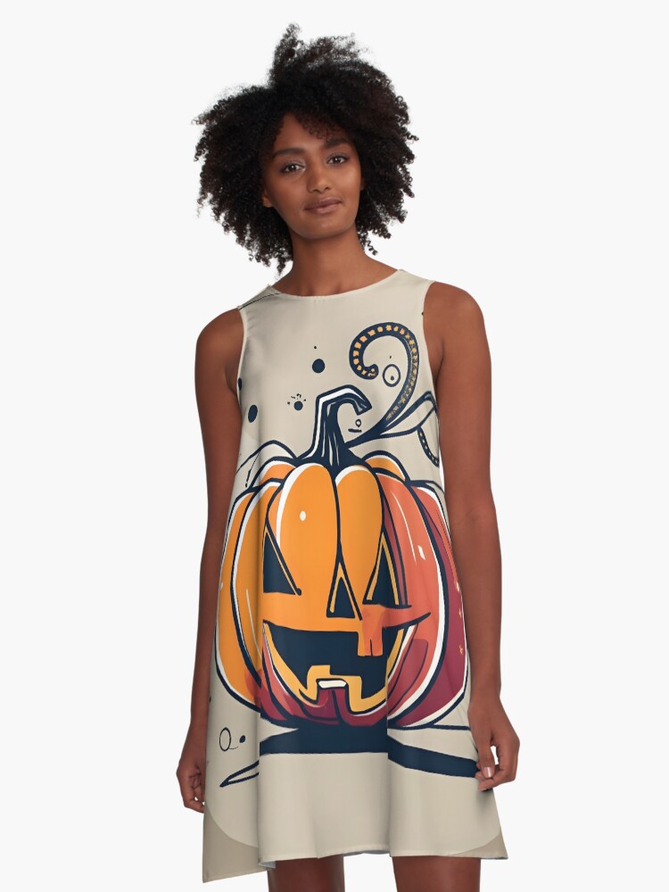 Thumbnail 1 of 4, A-Line Dress, Orange Pumpkin Halloween designed and sold by Patricks-Art.