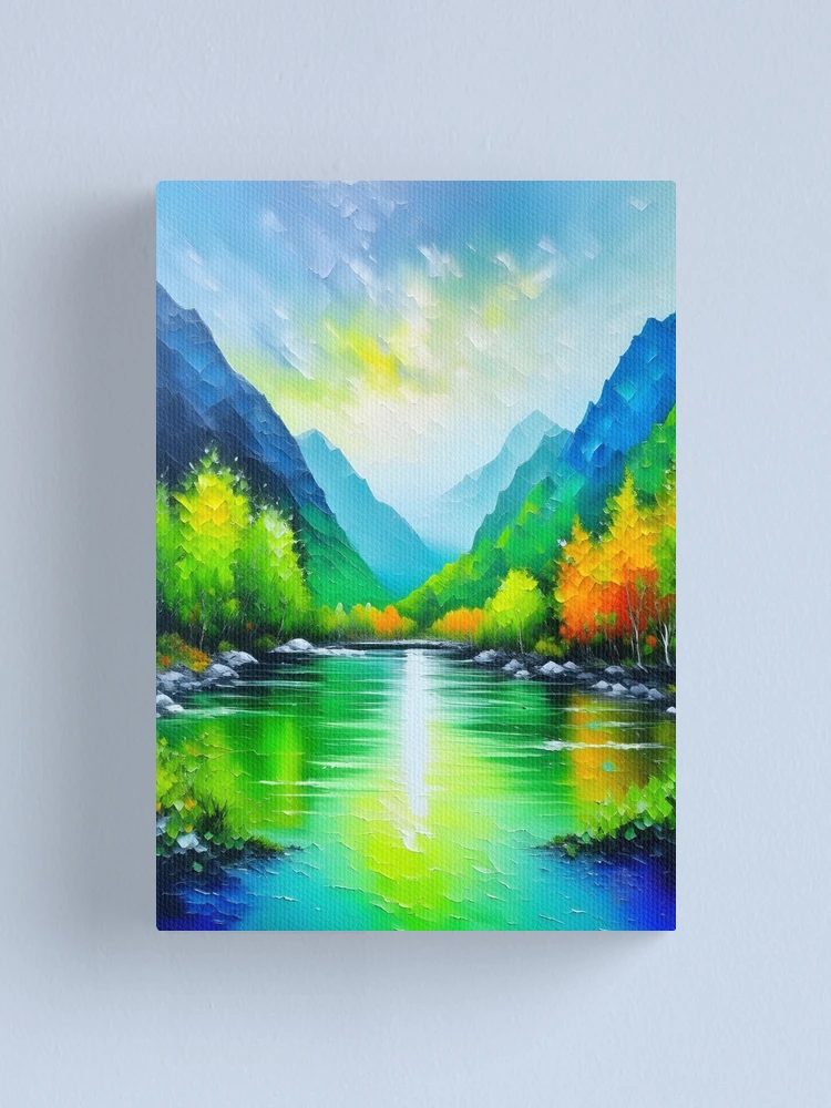 Mountains, River And Trees Painting  Canvas Print for Sale by  celartinspire