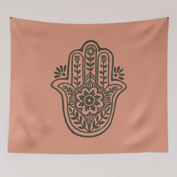 Item preview, Hamsa Flora Linocut - Coral + Pine designed and sold by Irene Estelle.