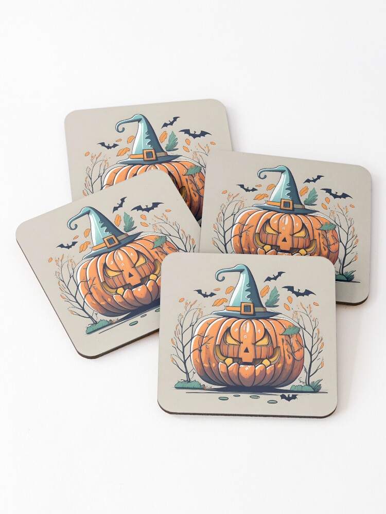 Thumbnail 1 of 5, Coasters (Set of 4), Halloween Pumpkin Drawing designed and sold by Patricks-Art.