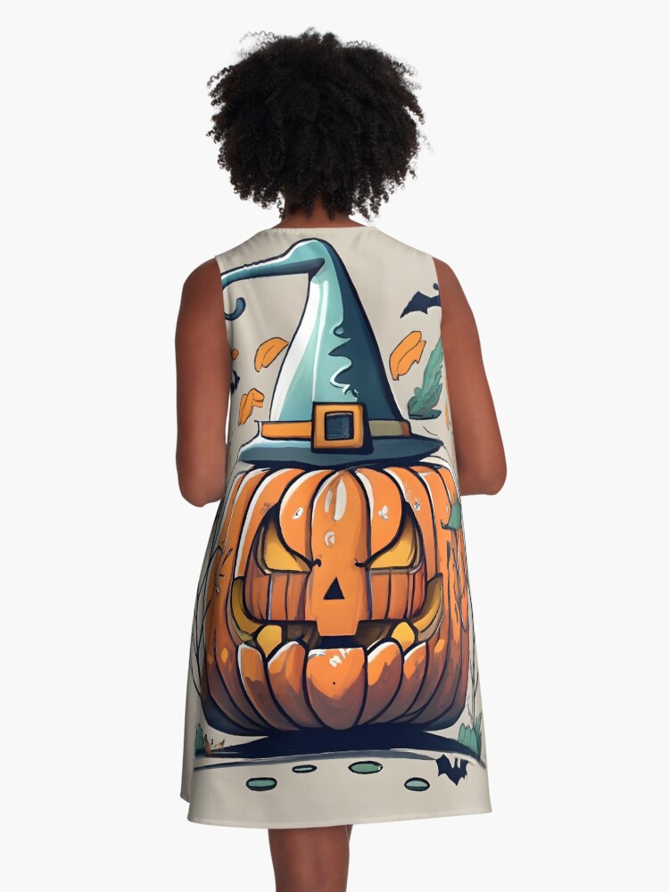Thumbnail 3 of 4, A-Line Dress, Halloween Pumpkin Drawing designed and sold by Patricks-Art.