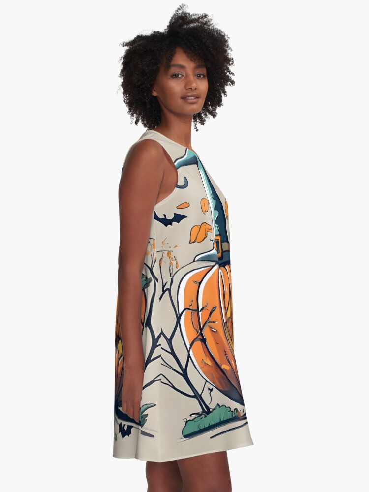 Thumbnail 2 of 4, A-Line Dress, Halloween Pumpkin Drawing designed and sold by Patricks-Art.