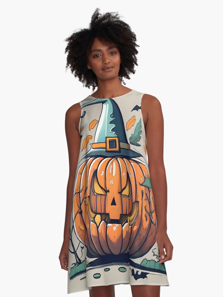 Thumbnail 1 of 4, A-Line Dress, Halloween Pumpkin Drawing designed and sold by Patricks-Art.