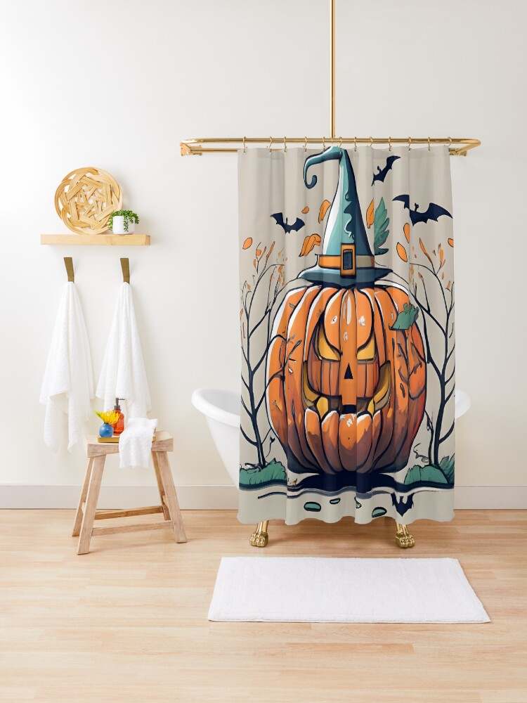 Thumbnail 1 of 5, Shower Curtain, Halloween Pumpkin Drawing designed and sold by Patricks-Art.