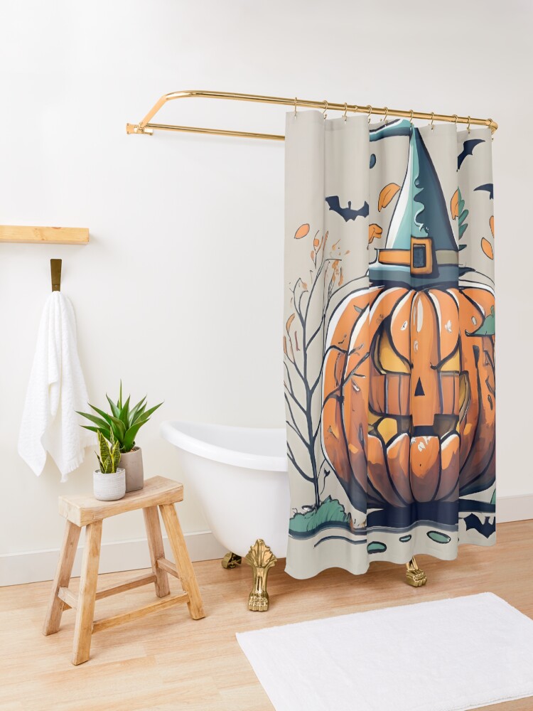 Thumbnail 3 of 5, Shower Curtain, Halloween Pumpkin Drawing designed and sold by Patricks-Art.