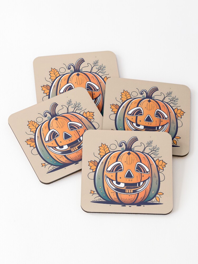 Thumbnail 1 of 5, Coasters (Set of 4), Halloween Pumpkin Drawing designed and sold by Patricks-Art.