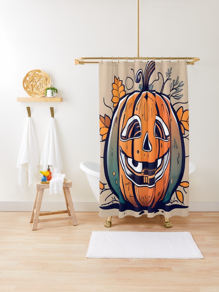 Thumbnail 1 of 5, Shower Curtain, Halloween Pumpkin Drawing designed and sold by Patricks-Art.