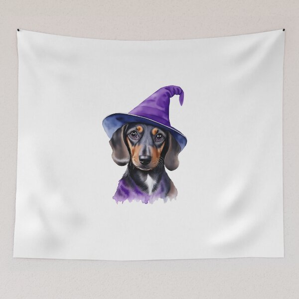 Item preview, Enchanted Wizardry: Purple-Hued Dachshund - watercolor daschund in wizard hat designed and sold by EmeraldeaArt.