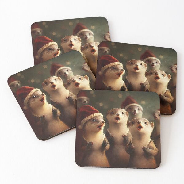 Item preview, Weasels in Christmas hats singing carols designed and sold by naturemenagerie.
