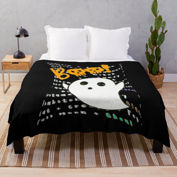 Item preview, A white ghost on the background of Halloween inscriptions designed and sold by SplashTastic.