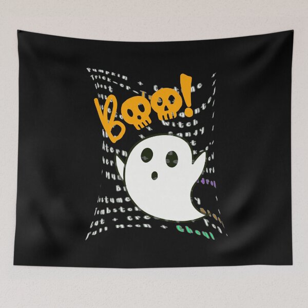 Item preview, A white ghost on the background of Halloween inscriptions designed and sold by SplashTastic.