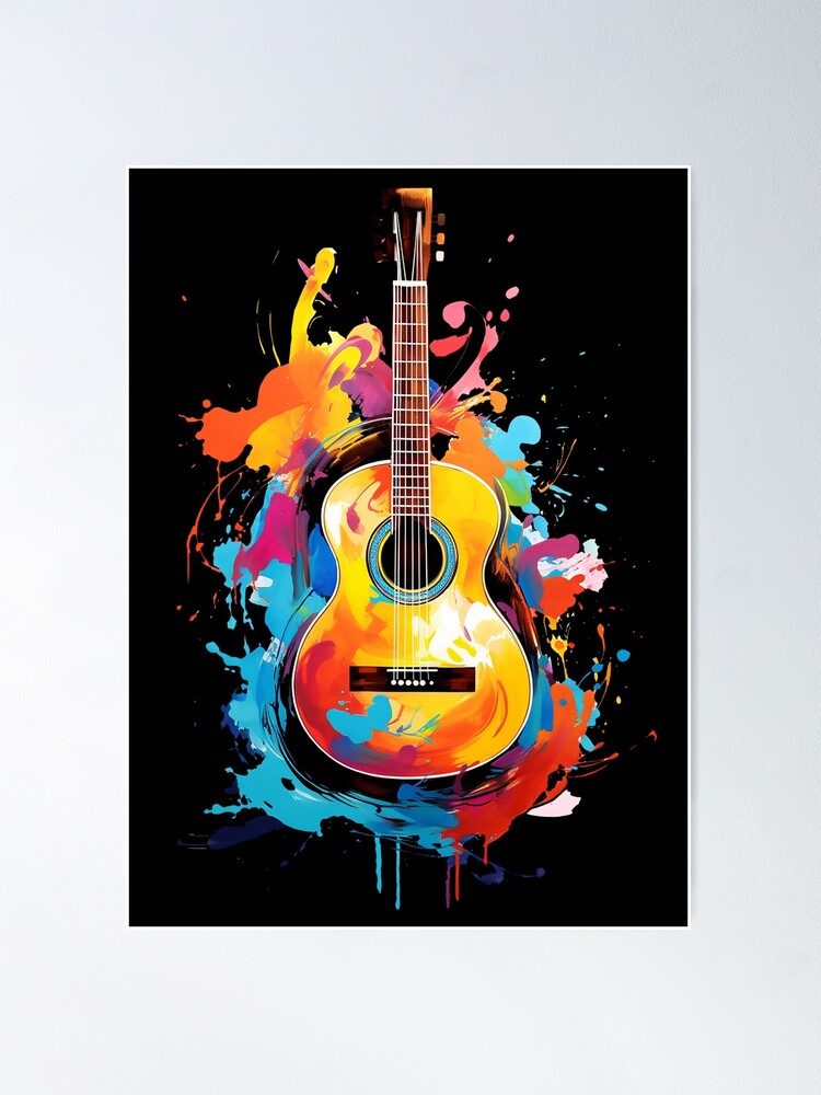 Poster for Sale avec l'œuvre « Guitare acoustique et notes de musique » de  l'artiste Primroaddesigns