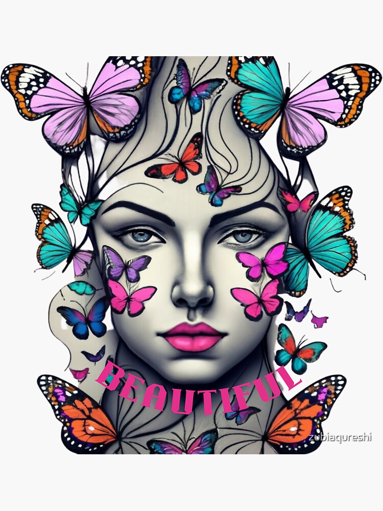 Thumbnail 3 of 3, Sticker, beautiful girl with butterfly designed and sold by zubiaqureshi.