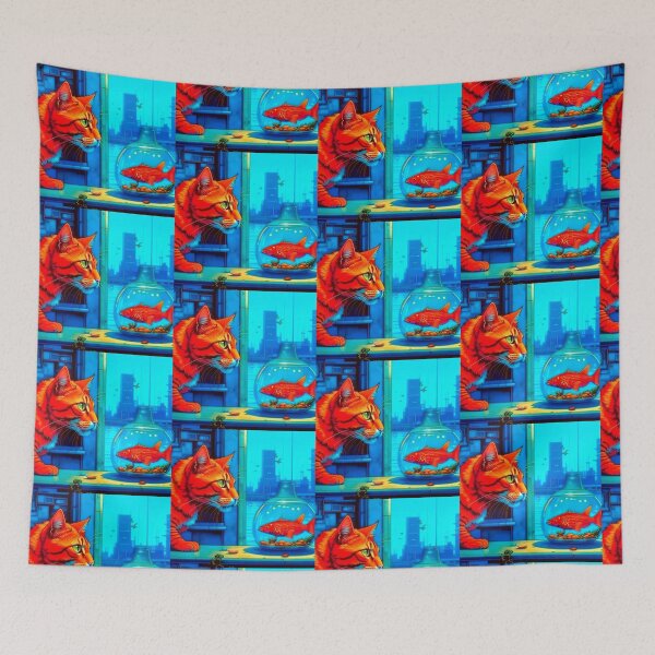 Item preview, A ginger cat looks at a goldfish. Oil painting. designed and sold by Natalia-Vlad.