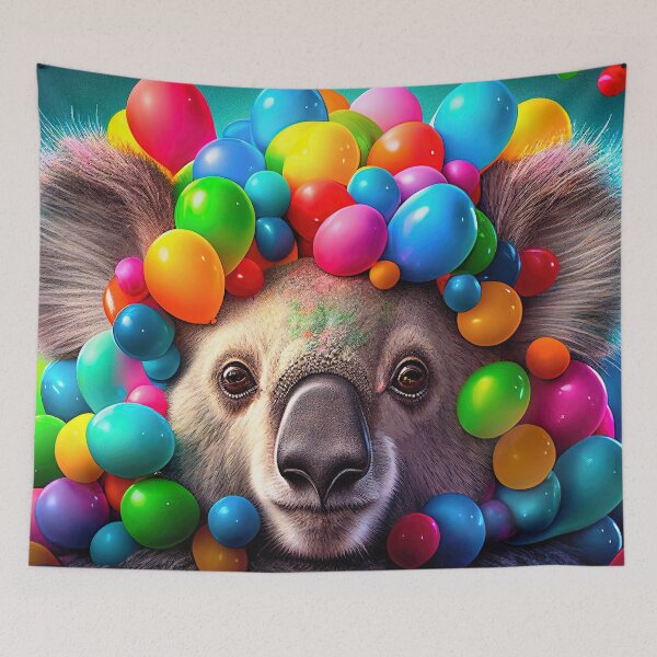 Item preview, An adorable grey baby koala covered in balloons designed and sold by ArtPrintPal.