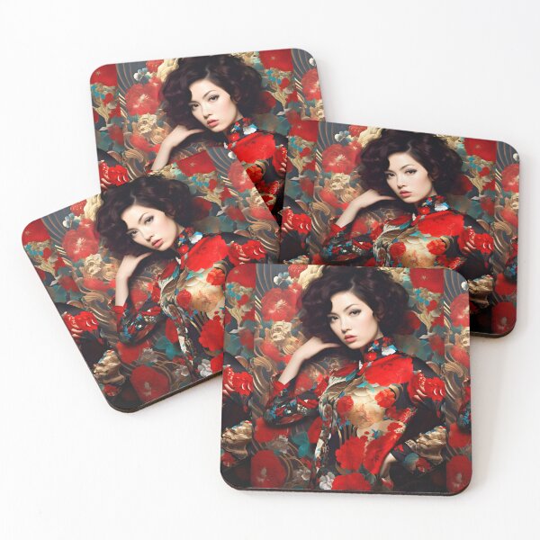 Item preview, Asian woman in red dress posing with a floral background, pattern explosion designed and sold by AI-Only Creations.