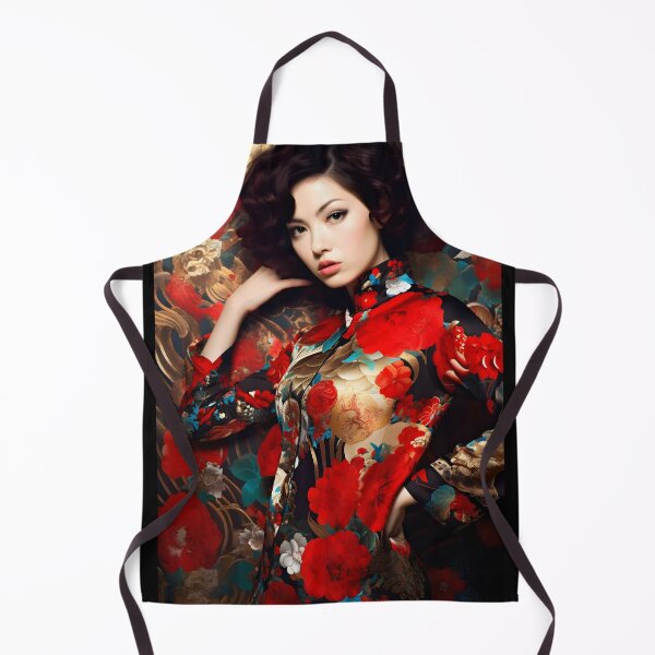 Item preview, Asian woman in red dress posing with a floral background, pattern explosion designed and sold by AI-Only Creations.