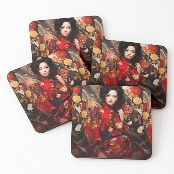 Item preview, Asian woman in red dress posing with a floral background designed and sold by AI-Only Creations.